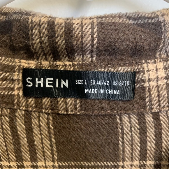 💛 Shein Brown & Tan Plaid Flannel Shirt - Size L (US 8/10) - Picture 2 of 6